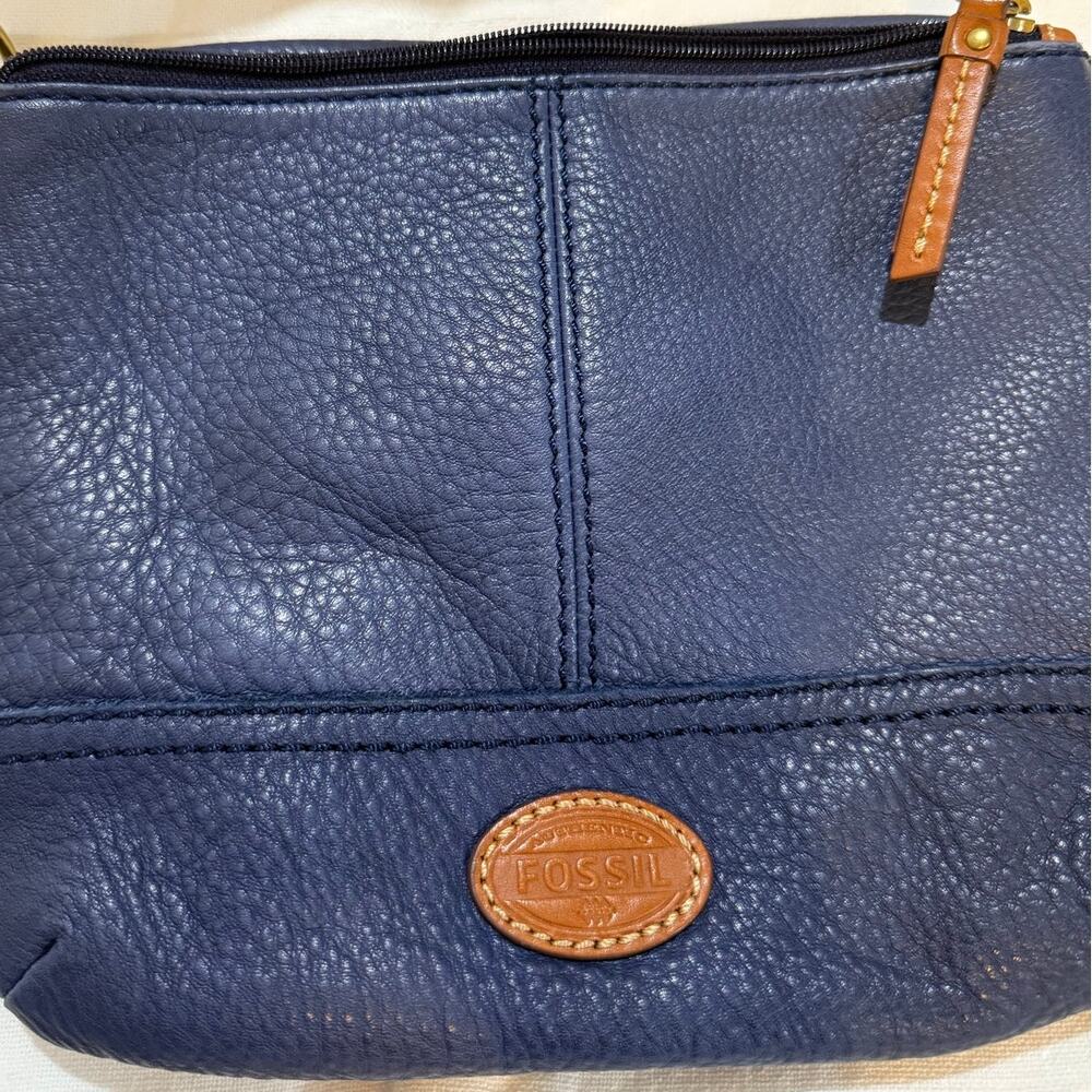 Fossil Blue Pebbled Leather Crossbody Bag Brown Trim Vintage Style - Picture 7 of 15